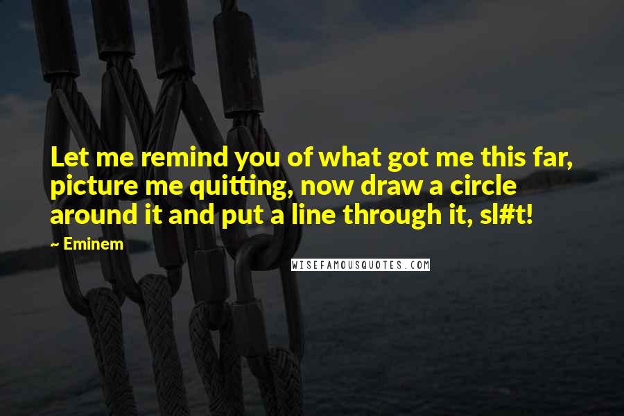 Eminem Quotes: Let me remind you of what got me this far, picture me quitting, now draw a circle around it and put a line through it, sl#t!