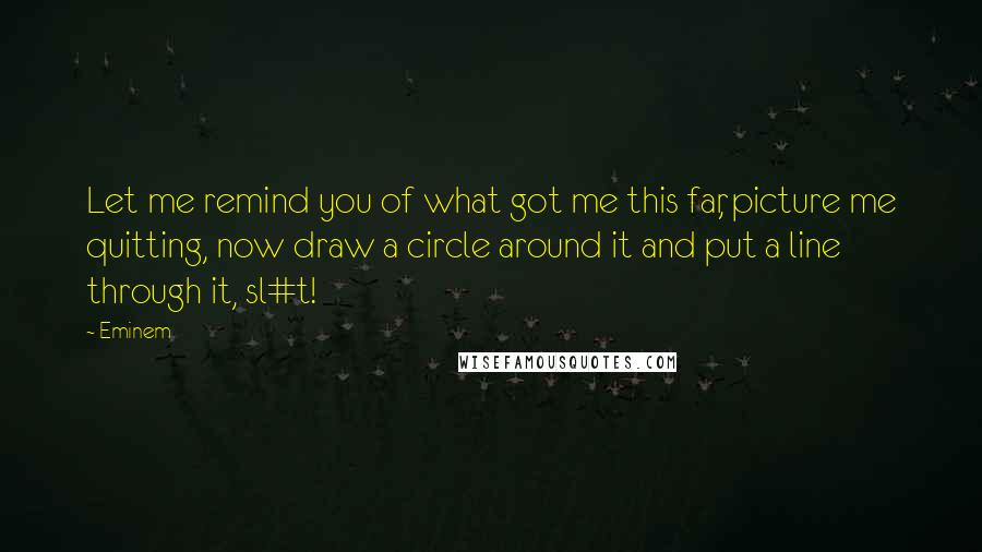 Eminem Quotes: Let me remind you of what got me this far, picture me quitting, now draw a circle around it and put a line through it, sl#t!