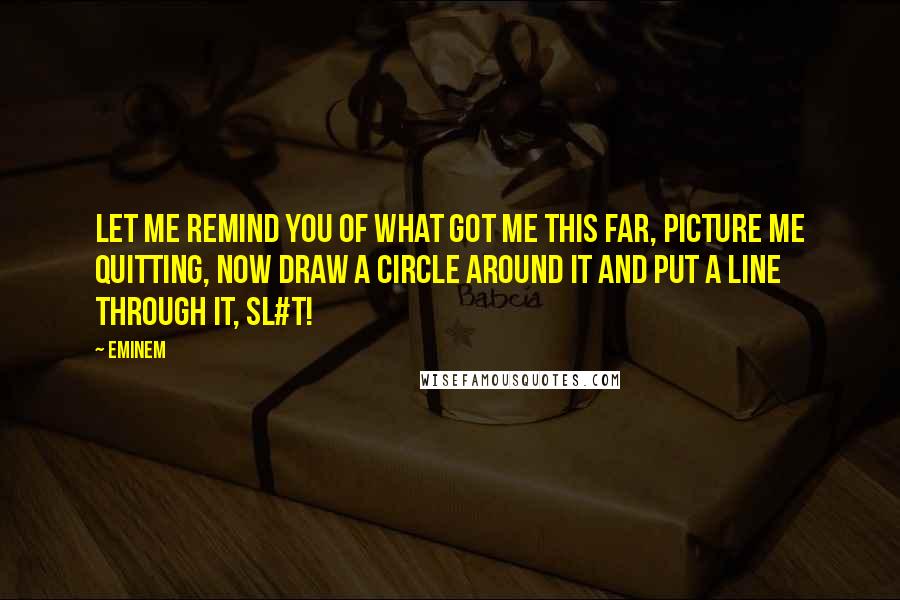 Eminem Quotes: Let me remind you of what got me this far, picture me quitting, now draw a circle around it and put a line through it, sl#t!