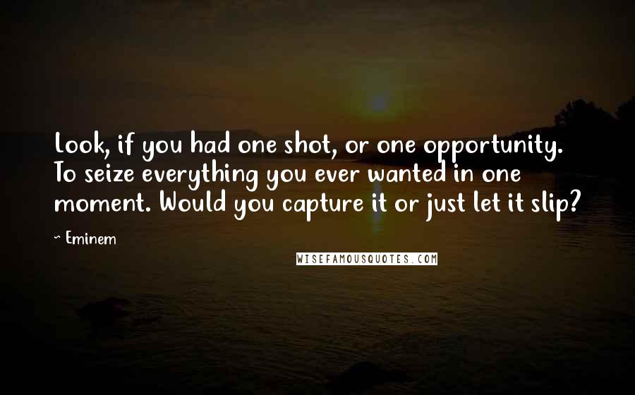 Eminem Quotes: Look, if you had one shot, or one opportunity. To seize everything you ever wanted in one moment. Would you capture it or just let it slip?