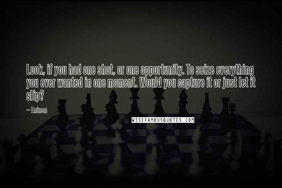 Eminem Quotes: Look, if you had one shot, or one opportunity. To seize everything you ever wanted in one moment. Would you capture it or just let it slip?