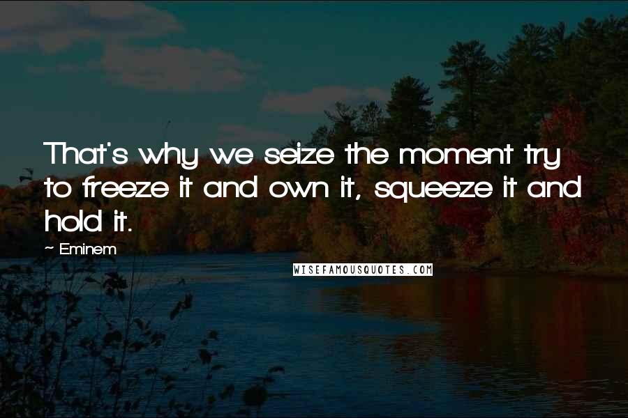 Eminem Quotes: That's why we seize the moment try to freeze it and own it, squeeze it and hold it.