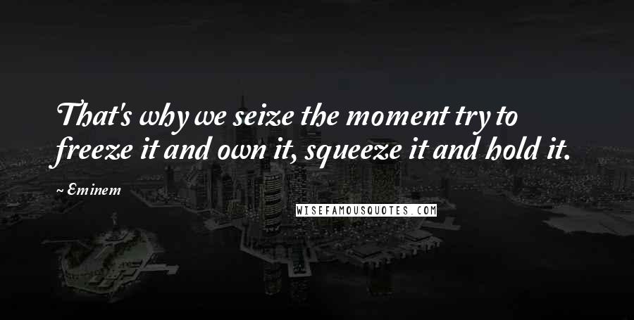 Eminem Quotes: That's why we seize the moment try to freeze it and own it, squeeze it and hold it.