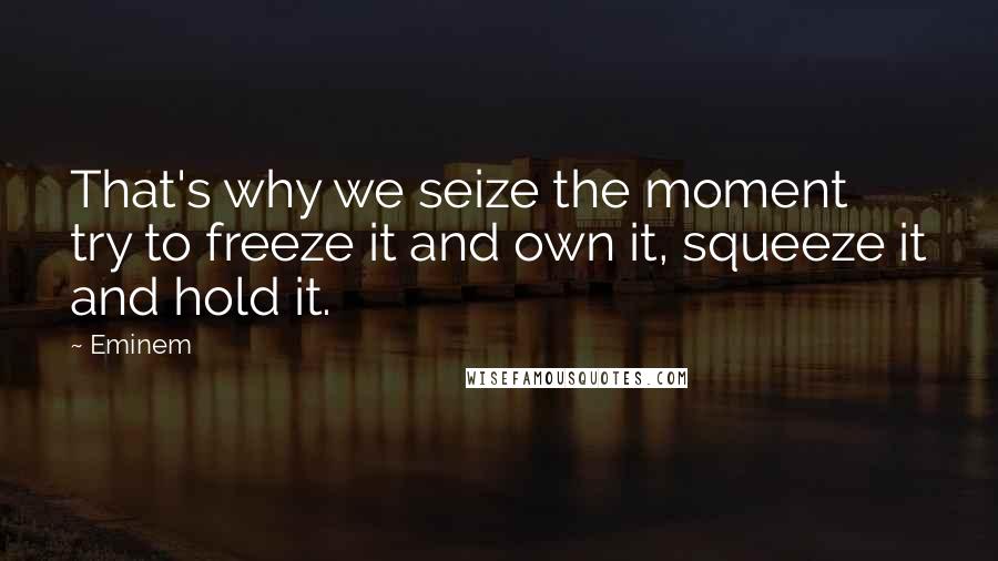 Eminem Quotes: That's why we seize the moment try to freeze it and own it, squeeze it and hold it.