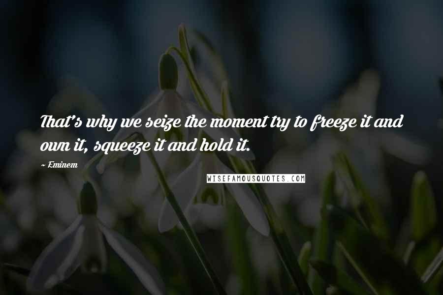 Eminem Quotes: That's why we seize the moment try to freeze it and own it, squeeze it and hold it.