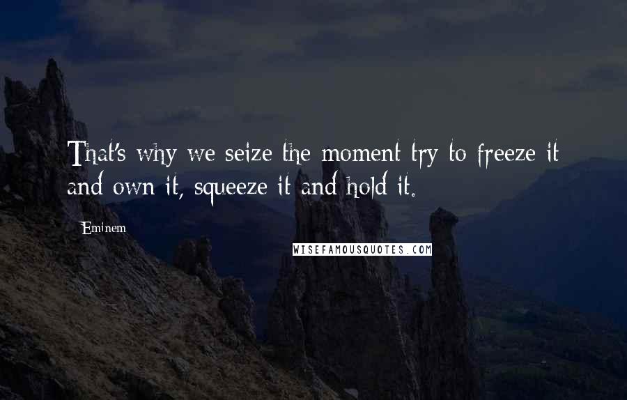 Eminem Quotes: That's why we seize the moment try to freeze it and own it, squeeze it and hold it.