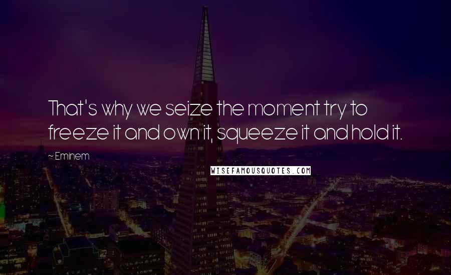 Eminem Quotes: That's why we seize the moment try to freeze it and own it, squeeze it and hold it.