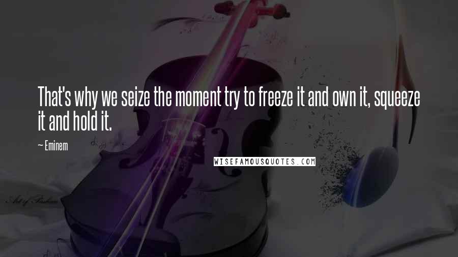 Eminem Quotes: That's why we seize the moment try to freeze it and own it, squeeze it and hold it.