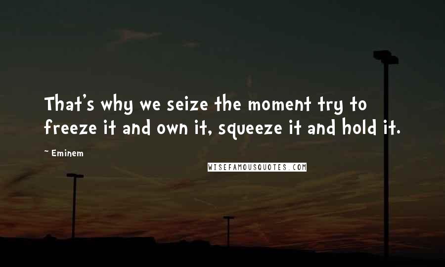 Eminem Quotes: That's why we seize the moment try to freeze it and own it, squeeze it and hold it.