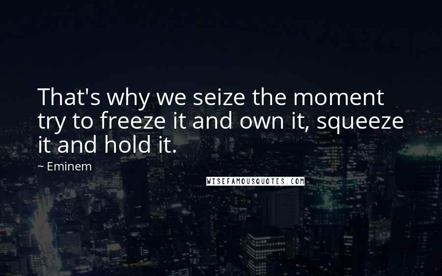 Eminem Quotes: That's why we seize the moment try to freeze it and own it, squeeze it and hold it.