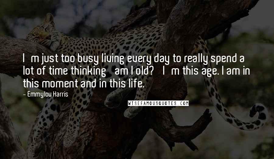 Emmylou Harris Quotes: I'm just too busy living every day to really spend a lot of time thinking 'am I old?' I'm this age. I am in this moment and in this life.