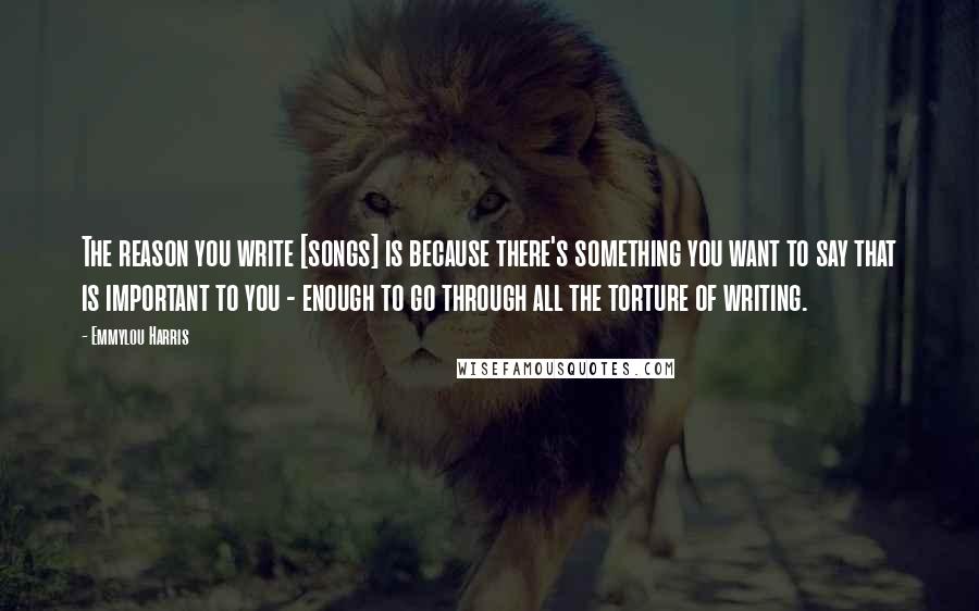 Emmylou Harris Quotes: The reason you write [songs] is because there's something you want to say that is important to you - enough to go through all the torture of writing.