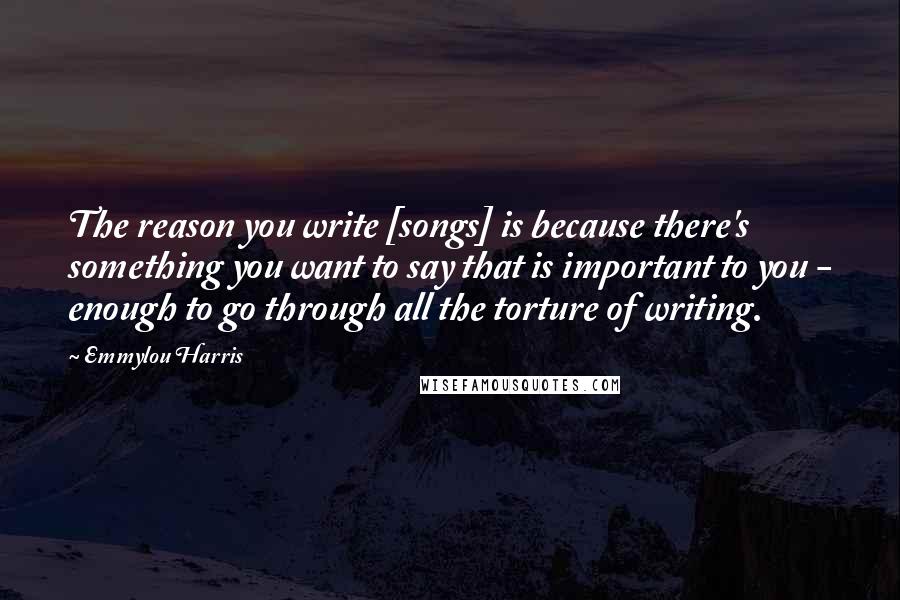 Emmylou Harris Quotes: The reason you write [songs] is because there's something you want to say that is important to you - enough to go through all the torture of writing.