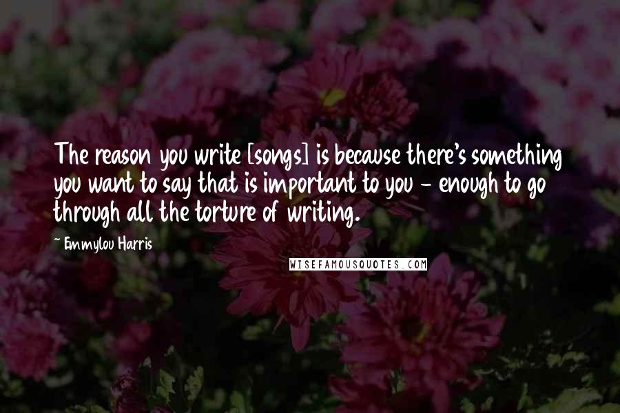 Emmylou Harris Quotes: The reason you write [songs] is because there's something you want to say that is important to you - enough to go through all the torture of writing.