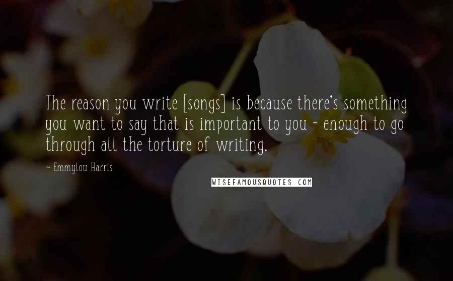 Emmylou Harris Quotes: The reason you write [songs] is because there's something you want to say that is important to you - enough to go through all the torture of writing.