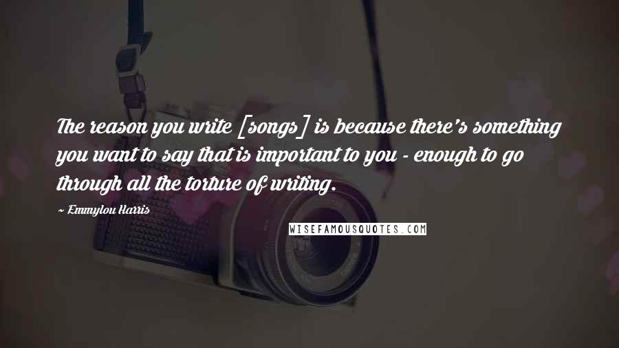 Emmylou Harris Quotes: The reason you write [songs] is because there's something you want to say that is important to you - enough to go through all the torture of writing.