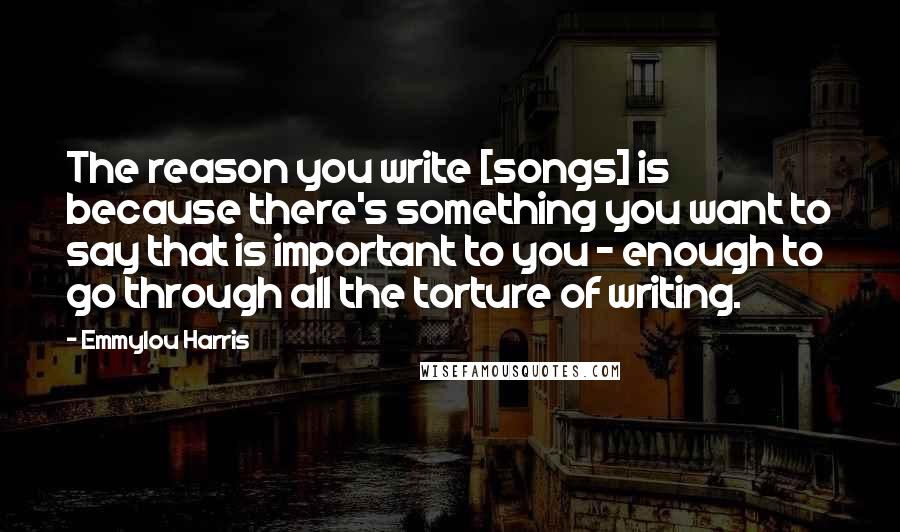 Emmylou Harris Quotes: The reason you write [songs] is because there's something you want to say that is important to you - enough to go through all the torture of writing.