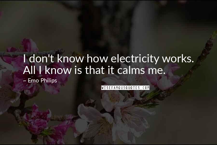 Emo Philips Quotes: I don't know how electricity works. All I know is that it calms me.