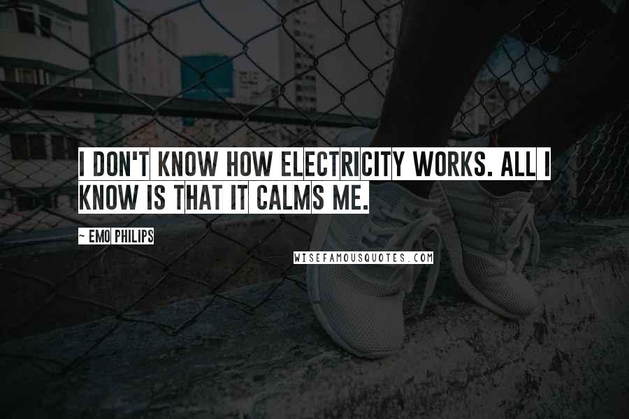 Emo Philips Quotes: I don't know how electricity works. All I know is that it calms me.