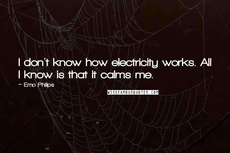 Emo Philips Quotes: I don't know how electricity works. All I know is that it calms me.