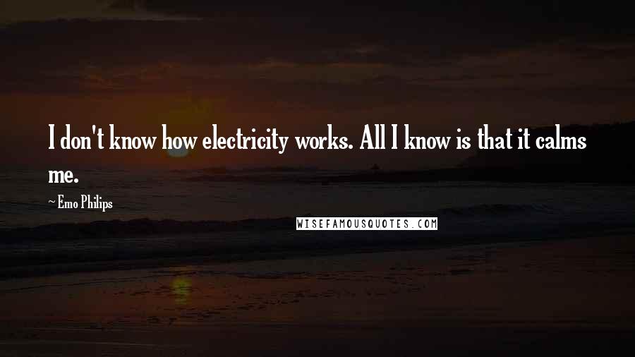 Emo Philips Quotes: I don't know how electricity works. All I know is that it calms me.