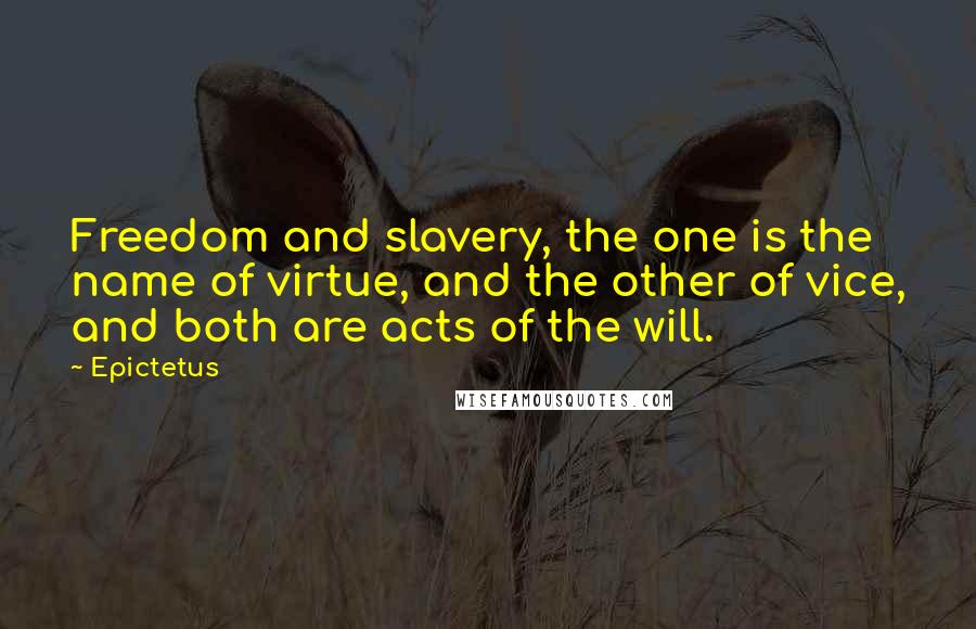 Epictetus Quotes: Freedom and slavery, the one is the name of virtue, and the other of vice, and both are acts of the will.