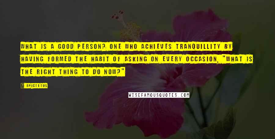 Epictetus Quotes: What is a good person? One who achieves tranquillity by having formed the habit of asking on every occasion, "what is the right thing to do now?"