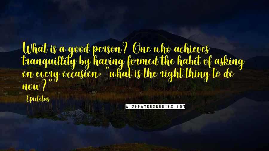 Epictetus Quotes: What is a good person? One who achieves tranquillity by having formed the habit of asking on every occasion, "what is the right thing to do now?"