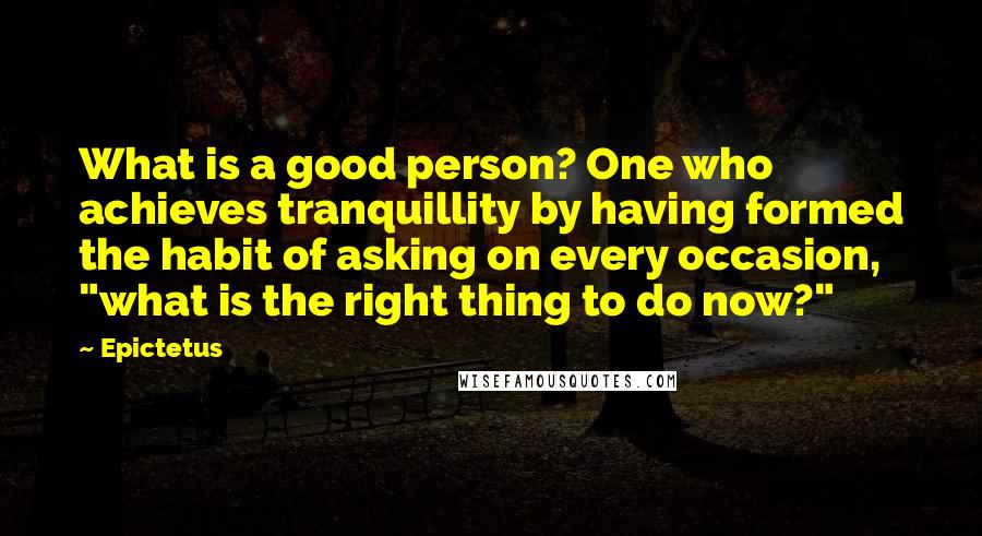 Epictetus Quotes: What is a good person? One who achieves tranquillity by having formed the habit of asking on every occasion, "what is the right thing to do now?"