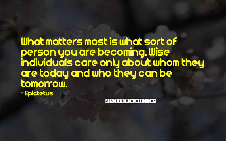 Epictetus Quotes: What matters most is what sort of person you are becoming. Wise individuals care only about whom they are today and who they can be tomorrow.