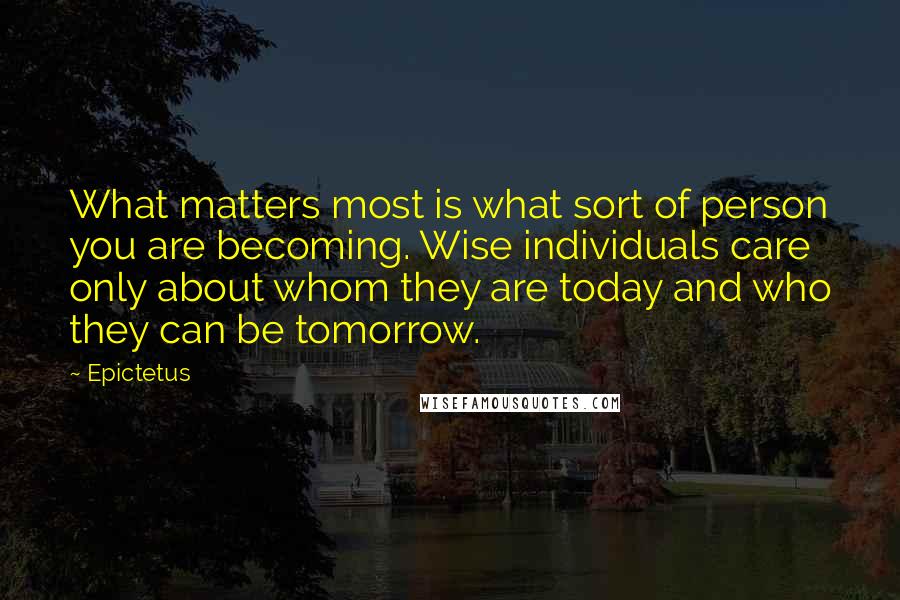 Epictetus Quotes: What matters most is what sort of person you are becoming. Wise individuals care only about whom they are today and who they can be tomorrow.