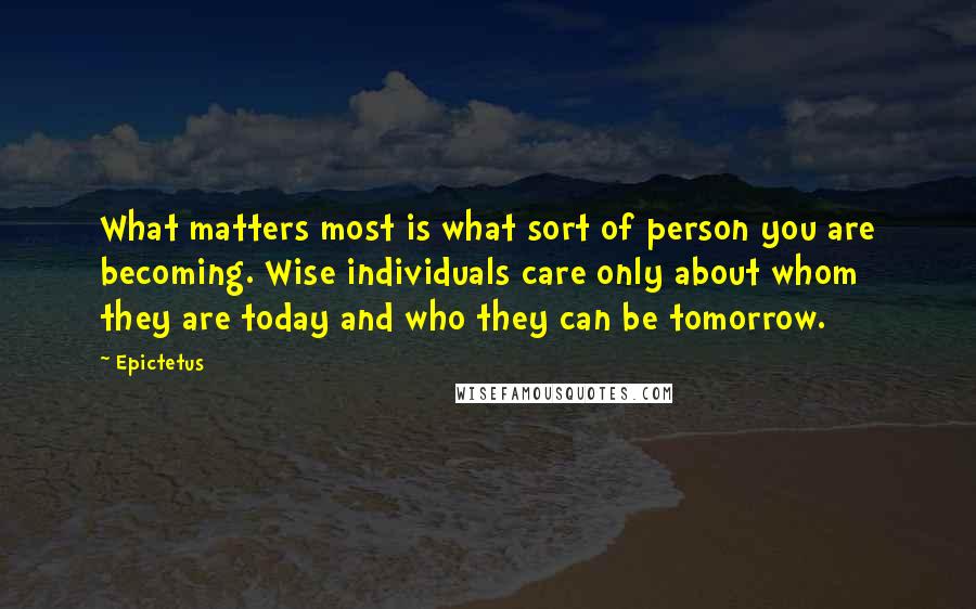 Epictetus Quotes: What matters most is what sort of person you are becoming. Wise individuals care only about whom they are today and who they can be tomorrow.