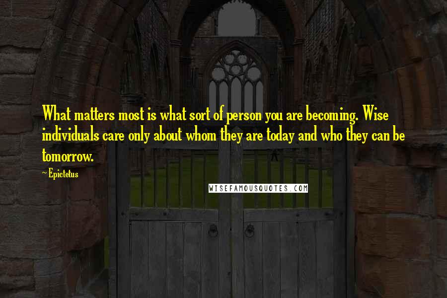 Epictetus Quotes: What matters most is what sort of person you are becoming. Wise individuals care only about whom they are today and who they can be tomorrow.