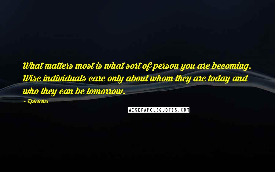 Epictetus Quotes: What matters most is what sort of person you are becoming. Wise individuals care only about whom they are today and who they can be tomorrow.