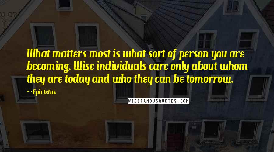 Epictetus Quotes: What matters most is what sort of person you are becoming. Wise individuals care only about whom they are today and who they can be tomorrow.