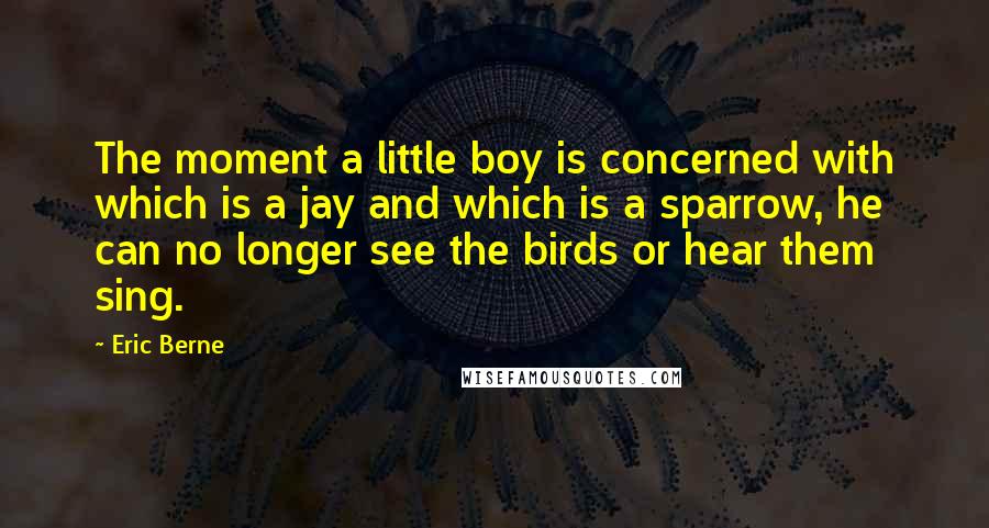 Eric Berne Quotes: The moment a little boy is concerned with which is a jay and which is a sparrow, he can no longer see the birds or hear them sing.