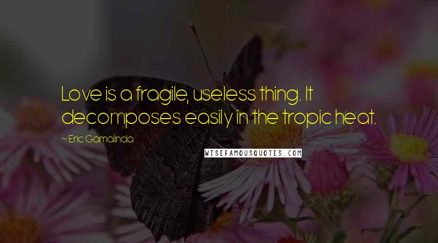 Eric Gamalinda Quotes: Love is a fragile, useless thing. It decomposes easily in the tropic heat.