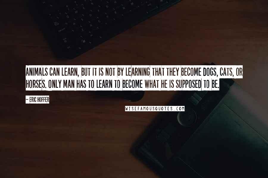 Eric Hoffer Quotes: Animals can learn, but it is not by learning that they become dogs, cats, or horses. Only man has to learn to become what he is supposed to be.