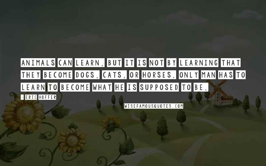 Eric Hoffer Quotes: Animals can learn, but it is not by learning that they become dogs, cats, or horses. Only man has to learn to become what he is supposed to be.