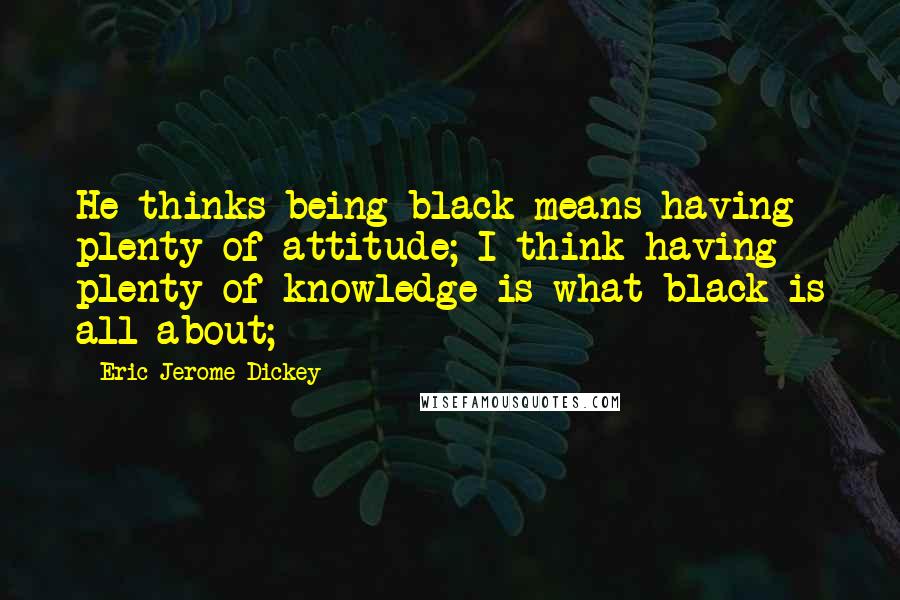 Eric Jerome Dickey Quotes: He thinks being black means having plenty of attitude; I think having plenty of knowledge is what black is all about;