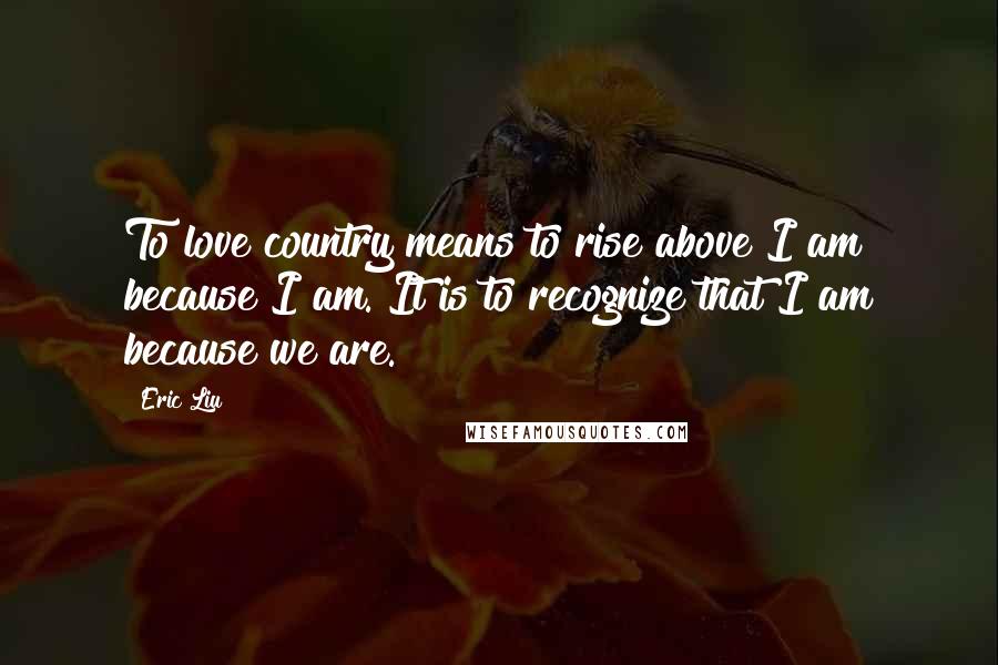 Eric Liu Quotes: To love country means to rise above I am because I am. It is to recognize that I am because we are.