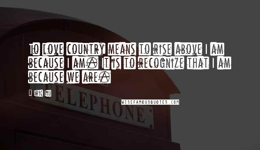 Eric Liu Quotes: To love country means to rise above I am because I am. It is to recognize that I am because we are.