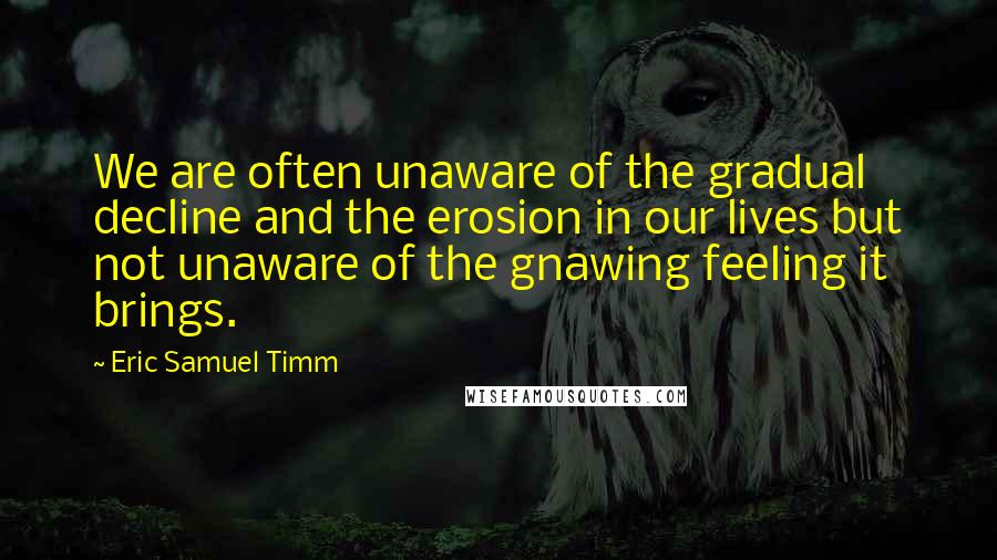 Eric Samuel Timm Quotes: We are often unaware of the gradual decline and the erosion in our lives but not unaware of the gnawing feeling it brings.