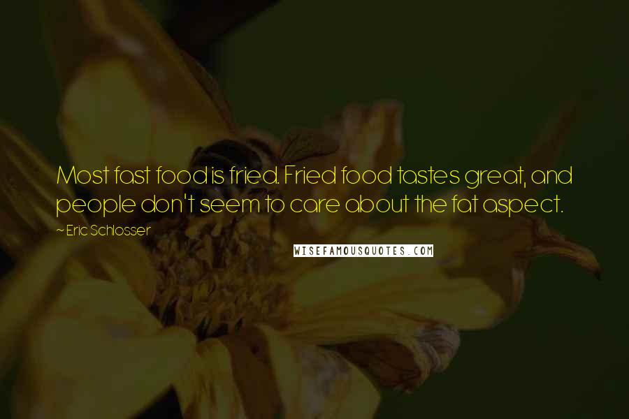 Eric Schlosser Quotes: Most fast food is fried. Fried food tastes great, and people don't seem to care about the fat aspect.