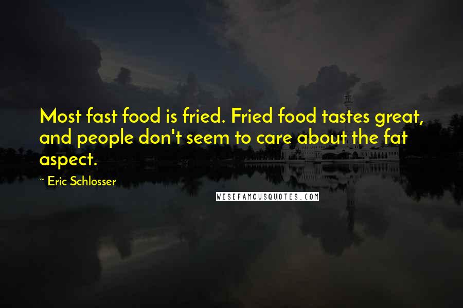 Eric Schlosser Quotes: Most fast food is fried. Fried food tastes great, and people don't seem to care about the fat aspect.