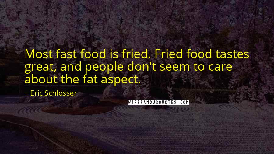 Eric Schlosser Quotes: Most fast food is fried. Fried food tastes great, and people don't seem to care about the fat aspect.