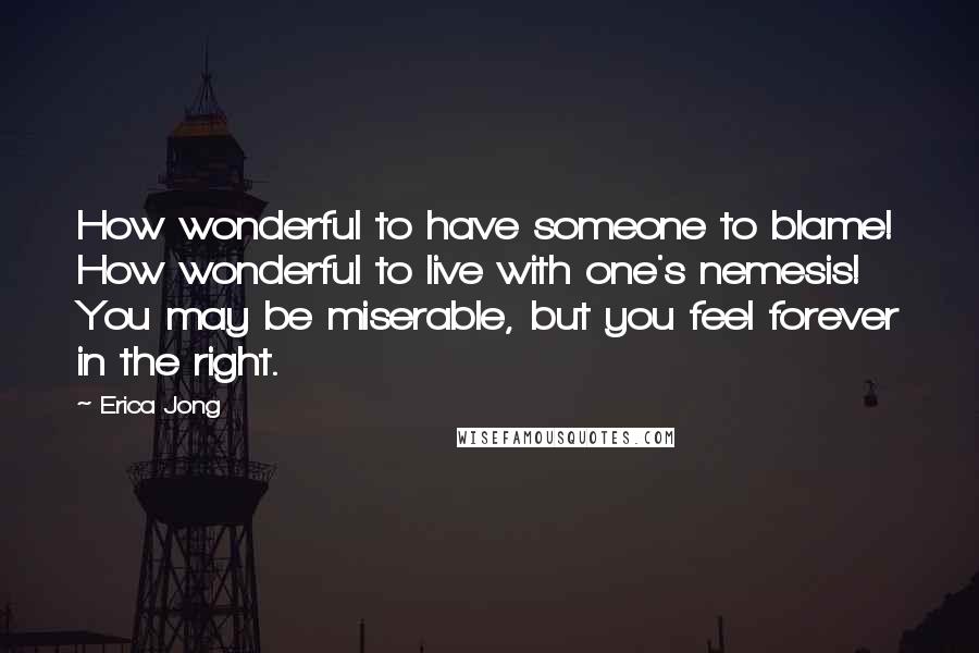 Erica Jong Quotes: How wonderful to have someone to blame! How wonderful to live with one's nemesis! You may be miserable, but you feel forever in the right.