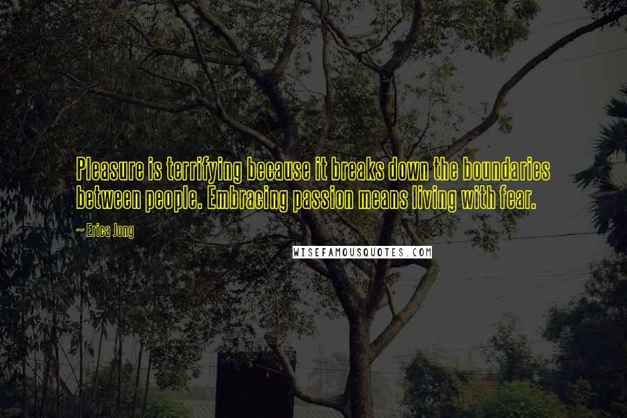 Erica Jong Quotes: Pleasure is terrifying because it breaks down the boundaries between people. Embracing passion means living with fear.