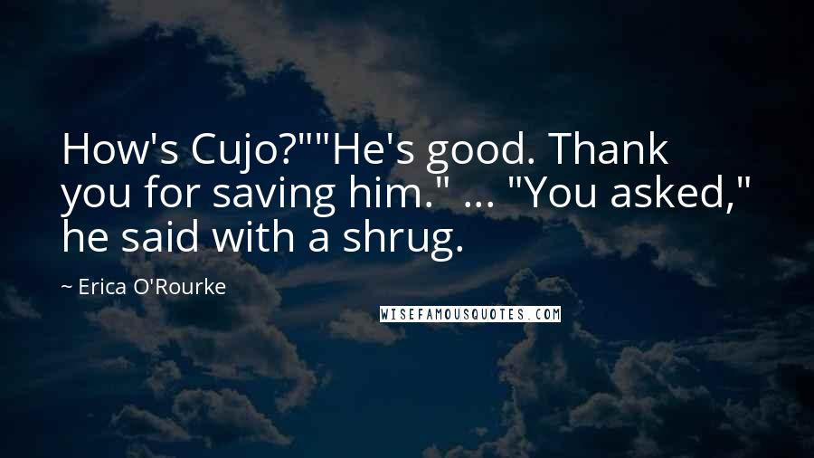 Erica O'Rourke Quotes: How's Cujo?""He's good. Thank you for saving him." ... "You asked," he said with a shrug.