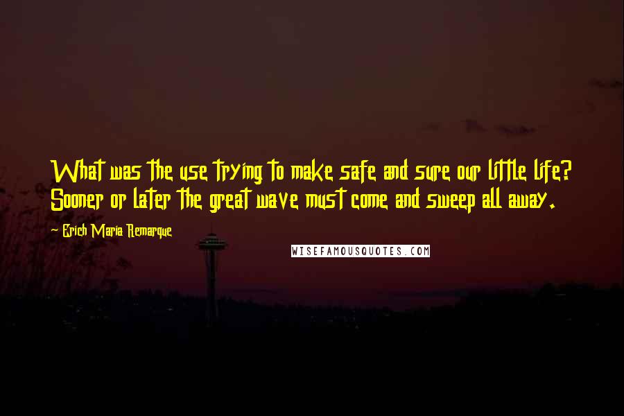 Erich Maria Remarque Quotes: What was the use trying to make safe and sure our little life? Sooner or later the great wave must come and sweep all away.